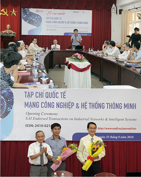 Anh hùng Lao d?ng, Nhà giáo Uu tú Lê Công Co - Ch? t?ch H?i d?ng tru?ng ÐH Duy Tân t?ng hoa cho lãnh d?o t?p chí trong ngày gi?i thi?u ?n ph?m nam 2018